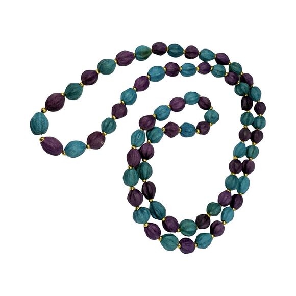 Purple & Teal Dyed Seed Beaded Long Layering Necklace 32" Chain Jewelry - Picture 7 of 11